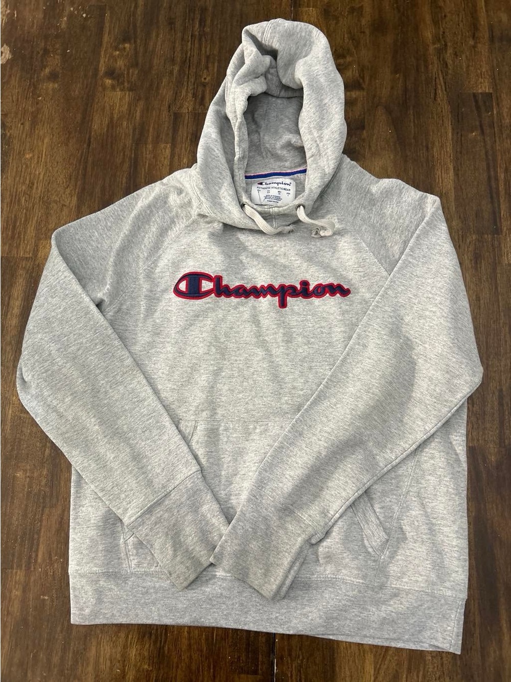 Champion Gray Pullover Hoodie with Red & Blue Script Logo